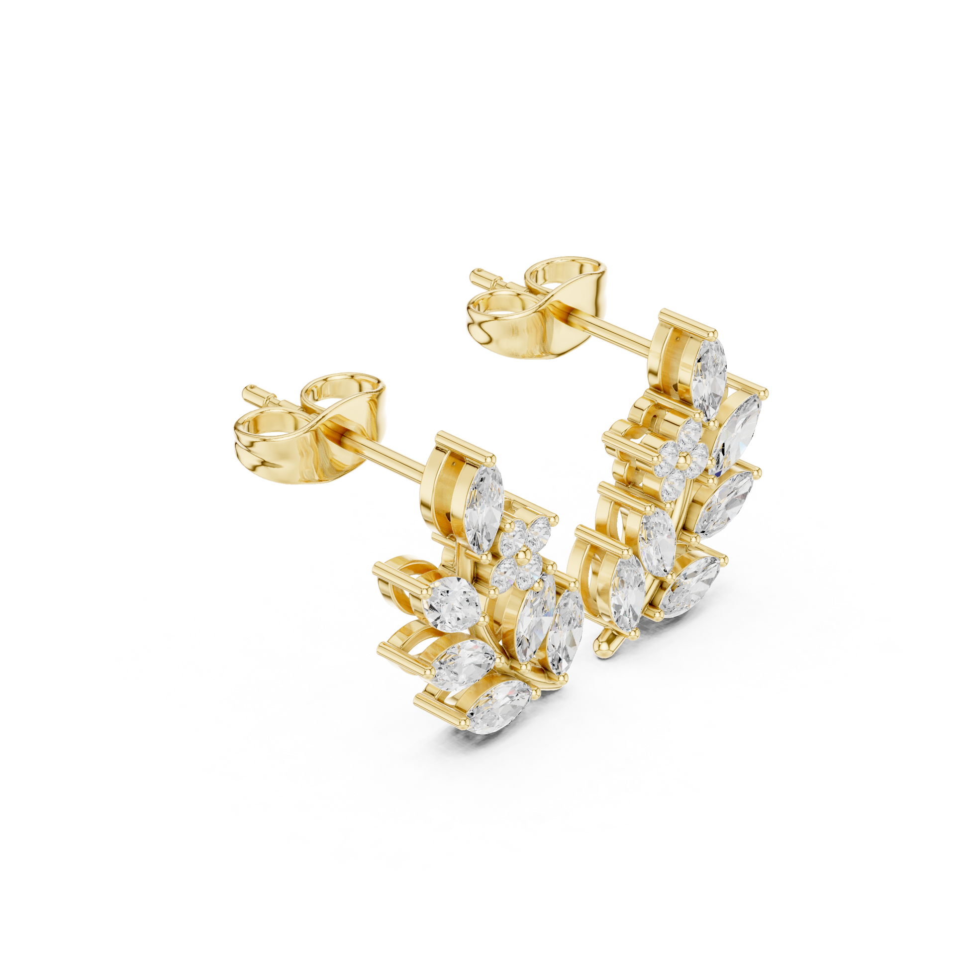 Marquise Round Cut Lab Grown Diamond Stud Earrings in Yellow Gold