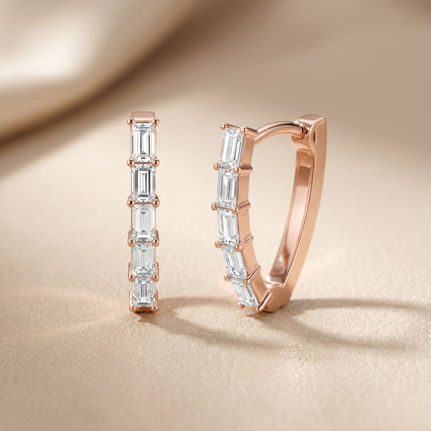 Emerald Cut Lab Grown Diamond Hoop Earrings in Rose Gold