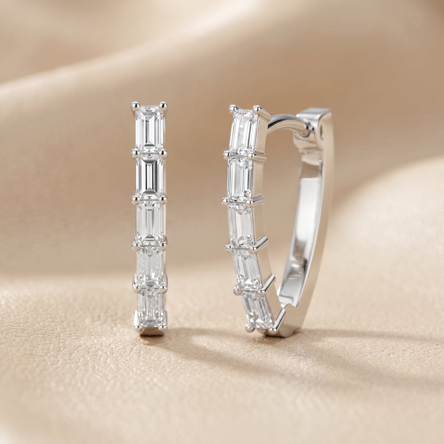 Emerald Cut Lab Grown Diamond Hoop Earrings in Silver