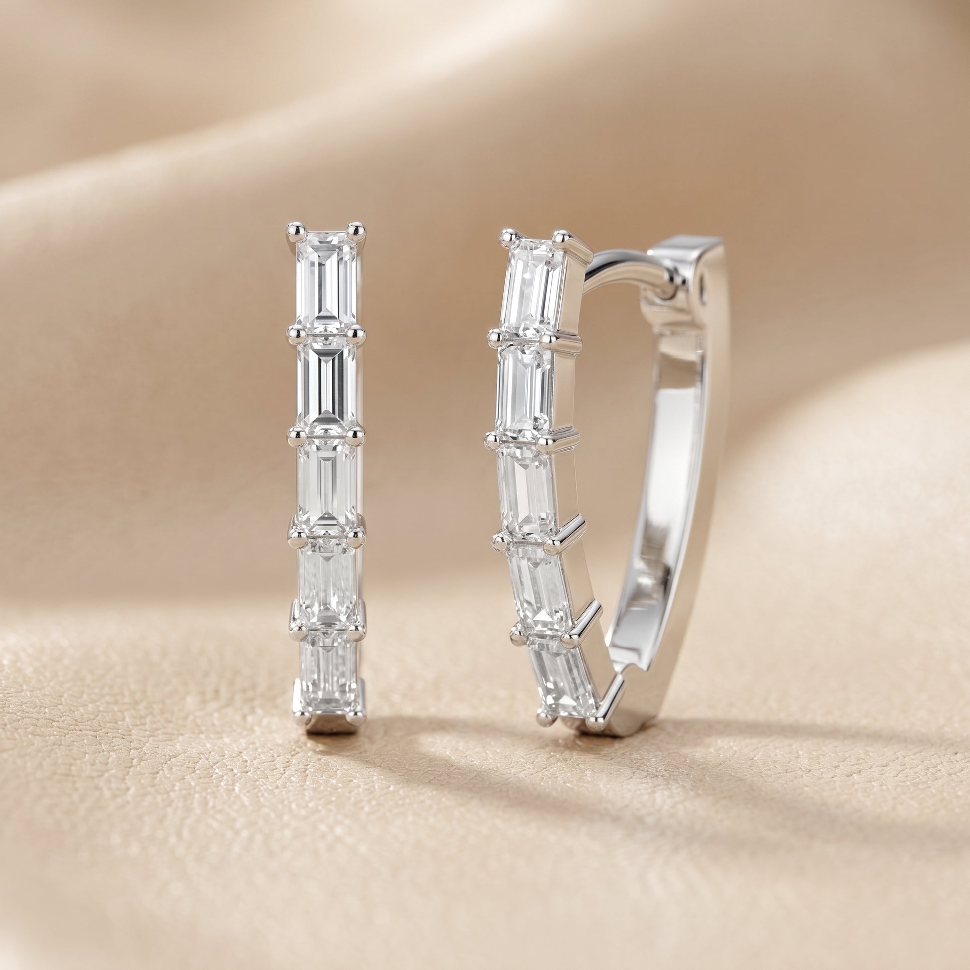 Emerald Cut Lab Grown Diamond Hoop Earrings in Silver
