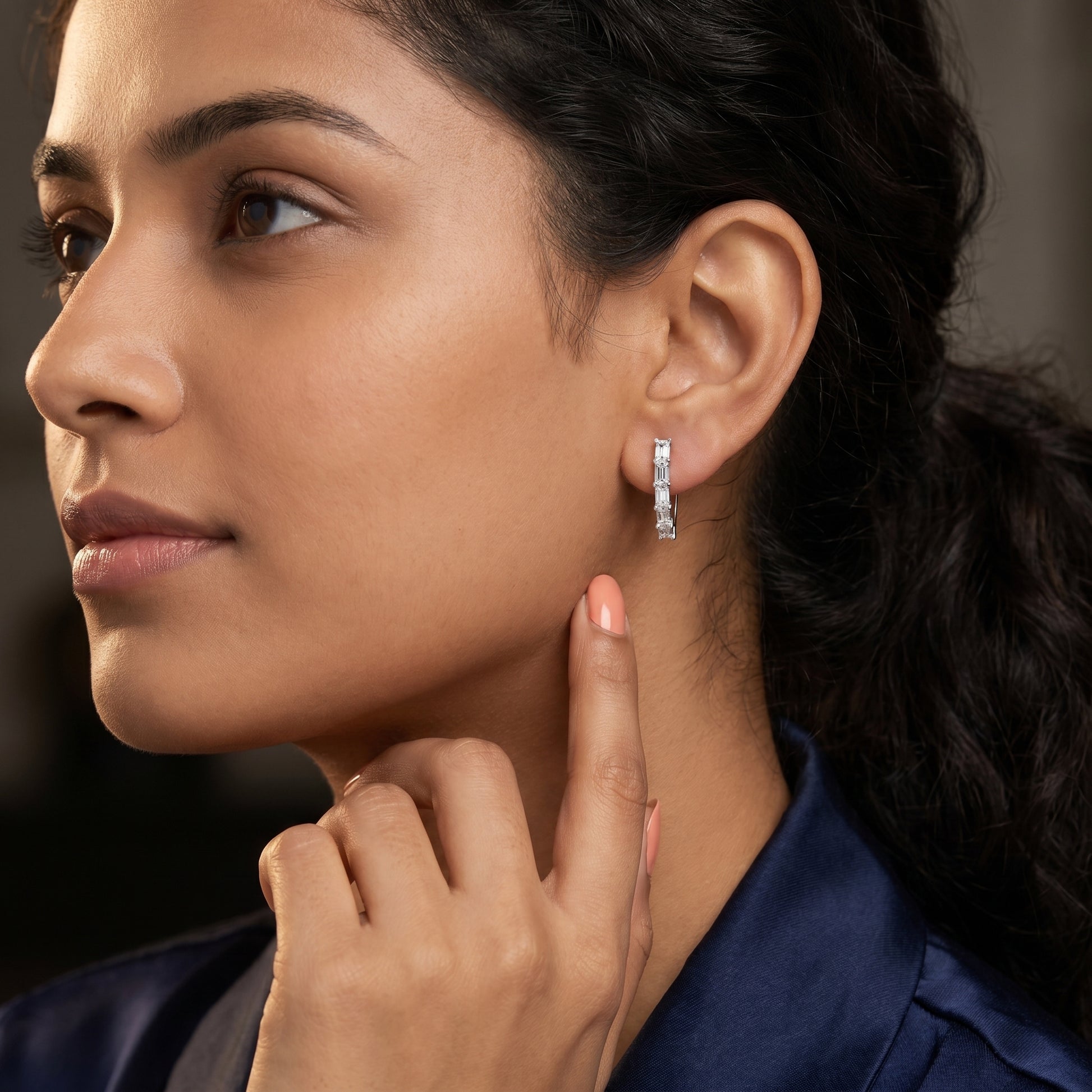 Emerald Cut Lab Grown Diamond Hoop Earrings in White Gold