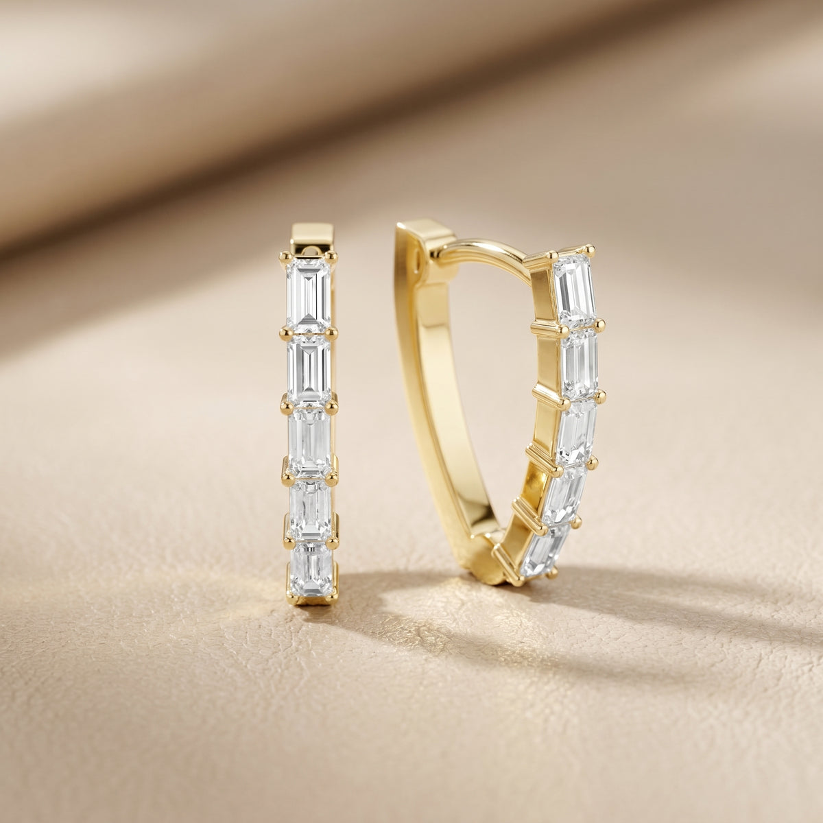 Emerald Cut Lab Grown Diamond Hoop Earrings in Yellow Gold