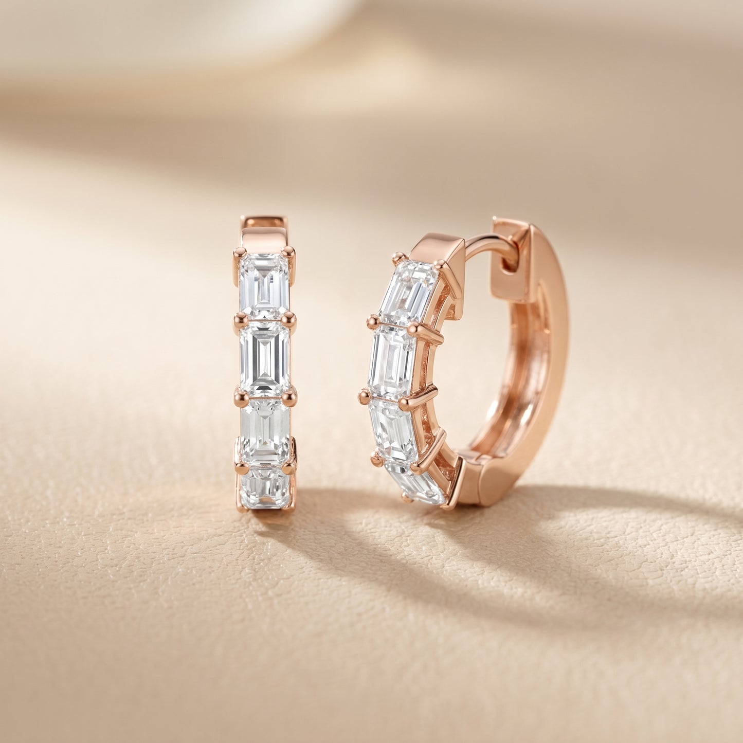 Emerald Cut Lab Grown Diamond Hoop Earrings in Rose Gold