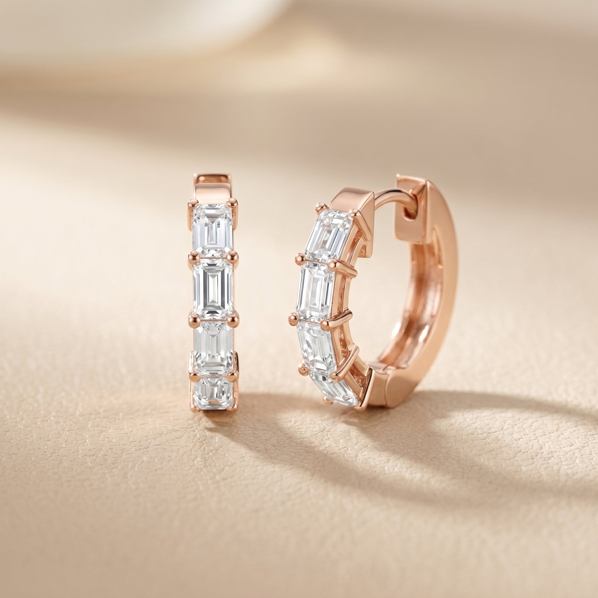 Emerald Cut Lab Grown Diamond Hoop Earrings in Rose Gold