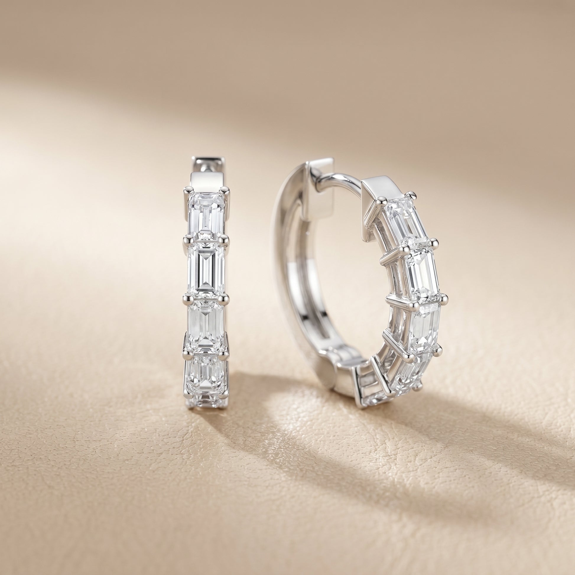 Emerald Cut Lab Grown Diamond Hoop Earrings in White Gold
