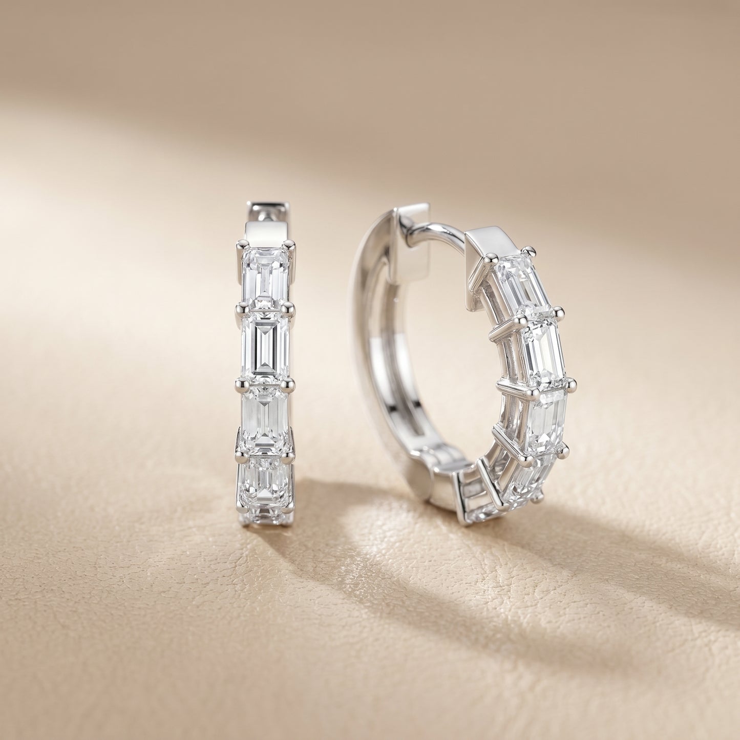 Emerald Cut Lab Grown Diamond Hoop Earrings in Platinum