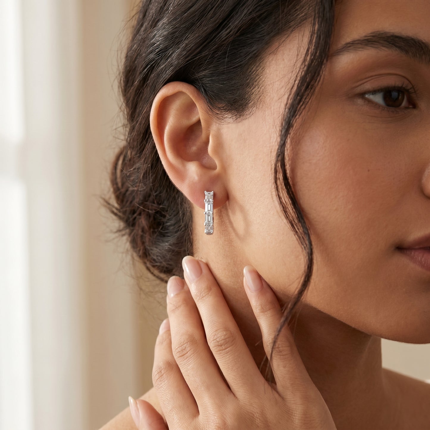 Emerald Cut Lab Grown Diamond Hoop Earrings in Silver