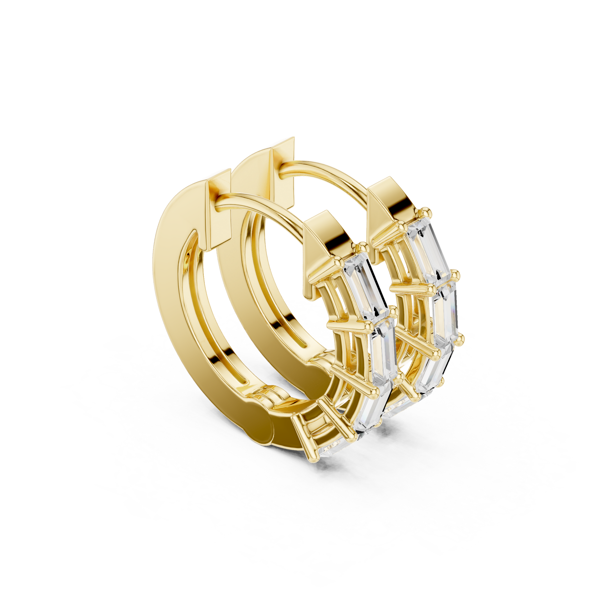 Emerald Cut Lab Grown Diamond Hoop Earrings in Yellow Gold