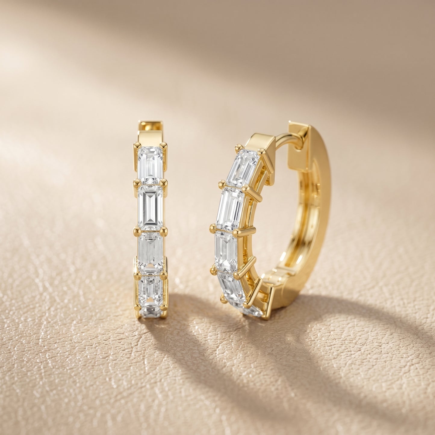Emerald Cut Lab Grown Diamond Hoop Earrings in Yellow Gold