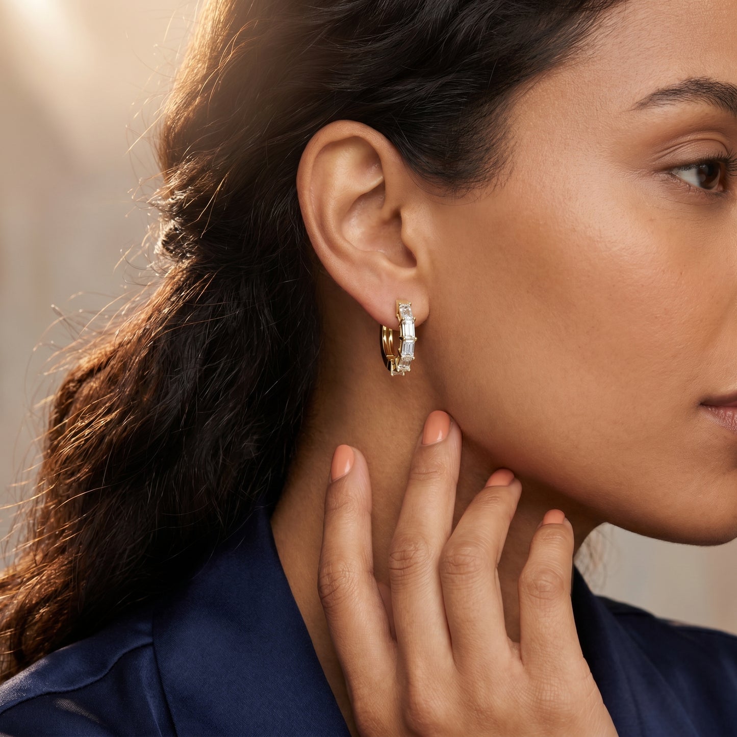 Emerald Cut Lab Grown Diamond Hoop Earrings in Yellow Gold
