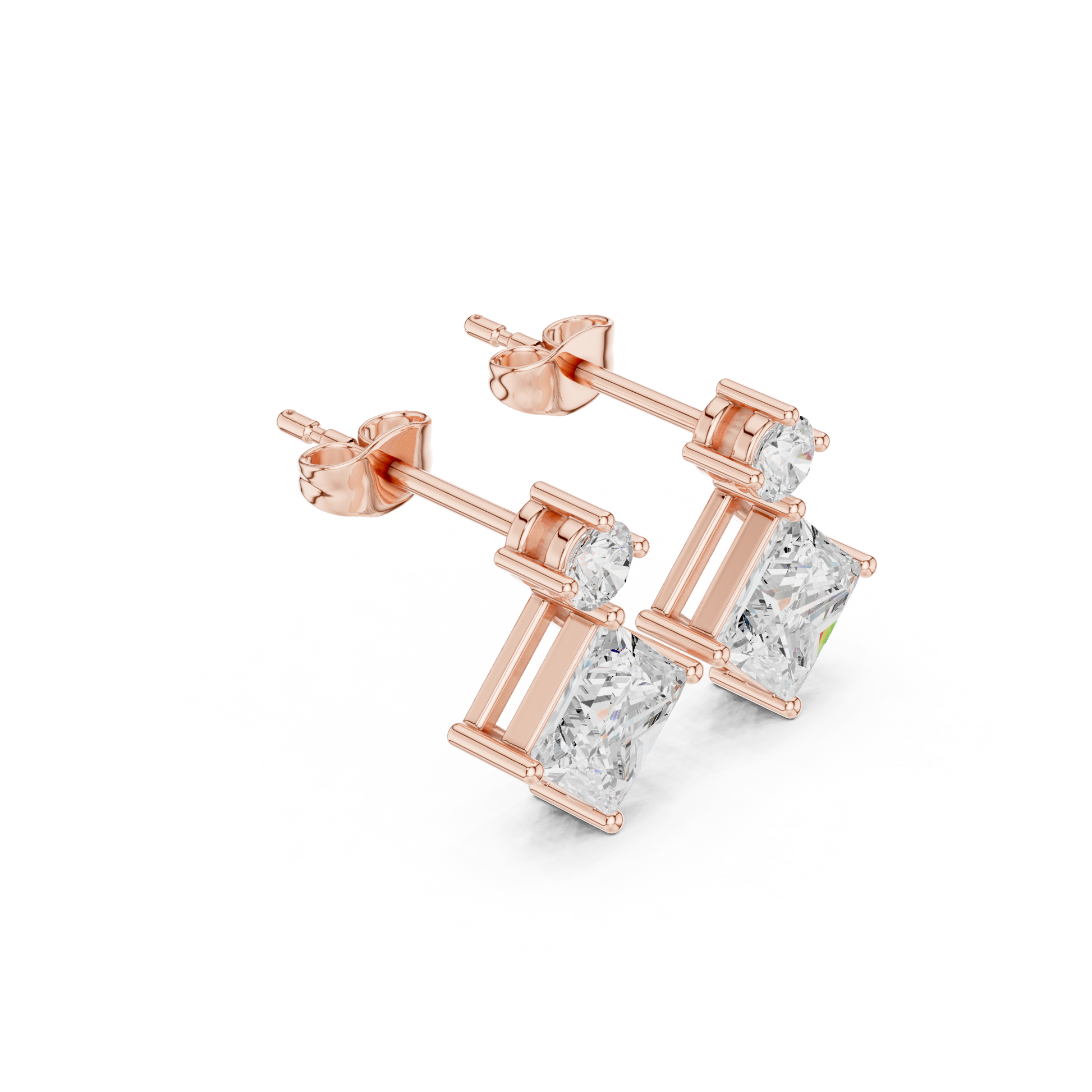 Princess Round Cut Lab Grown Diamond Stud Earrings in Rose Gold