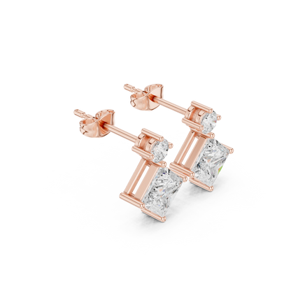 Princess Round Cut Lab Grown Diamond Stud Earrings in Rose Gold