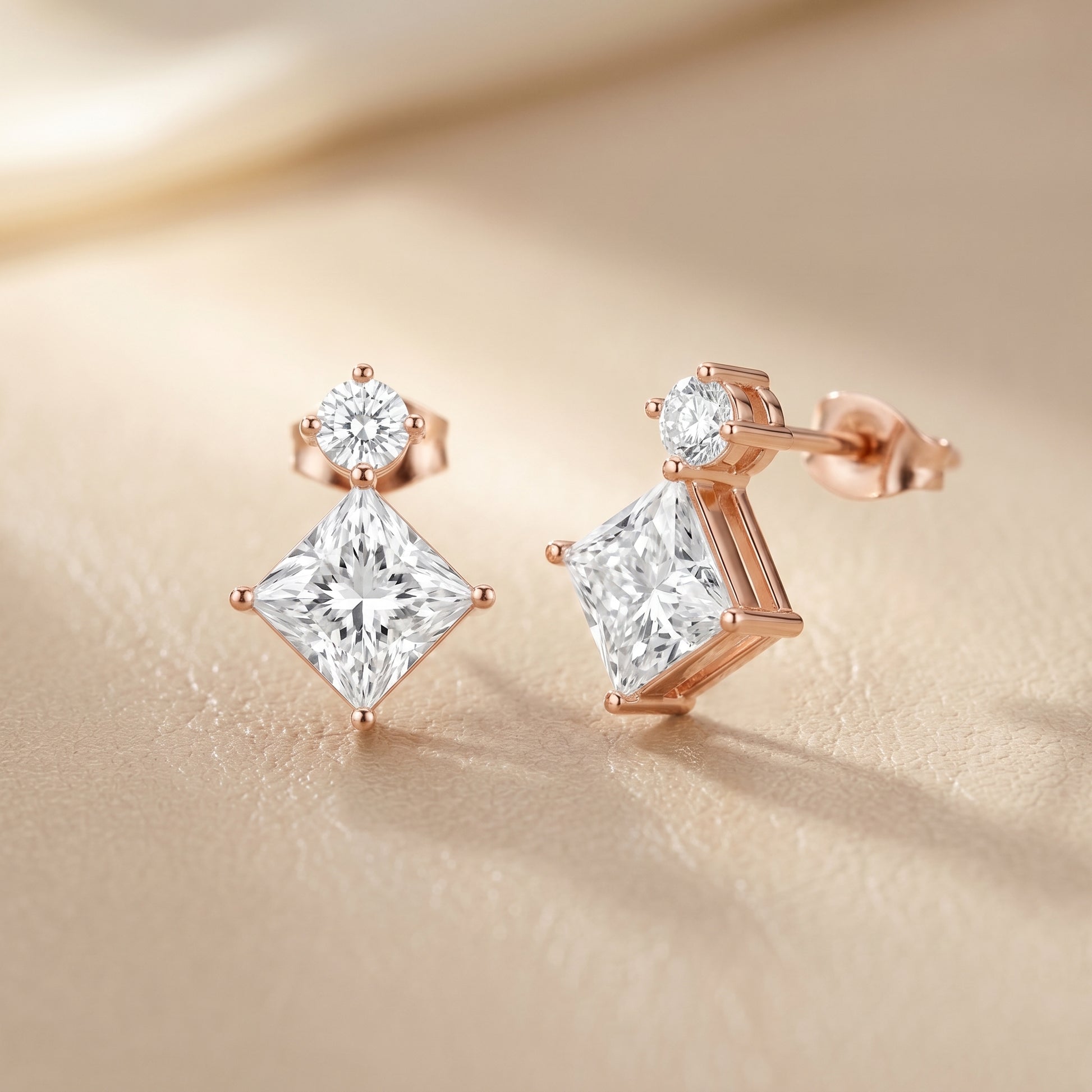 Princess Round Cut Lab Grown Diamond Stud Earrings in Rose Gold