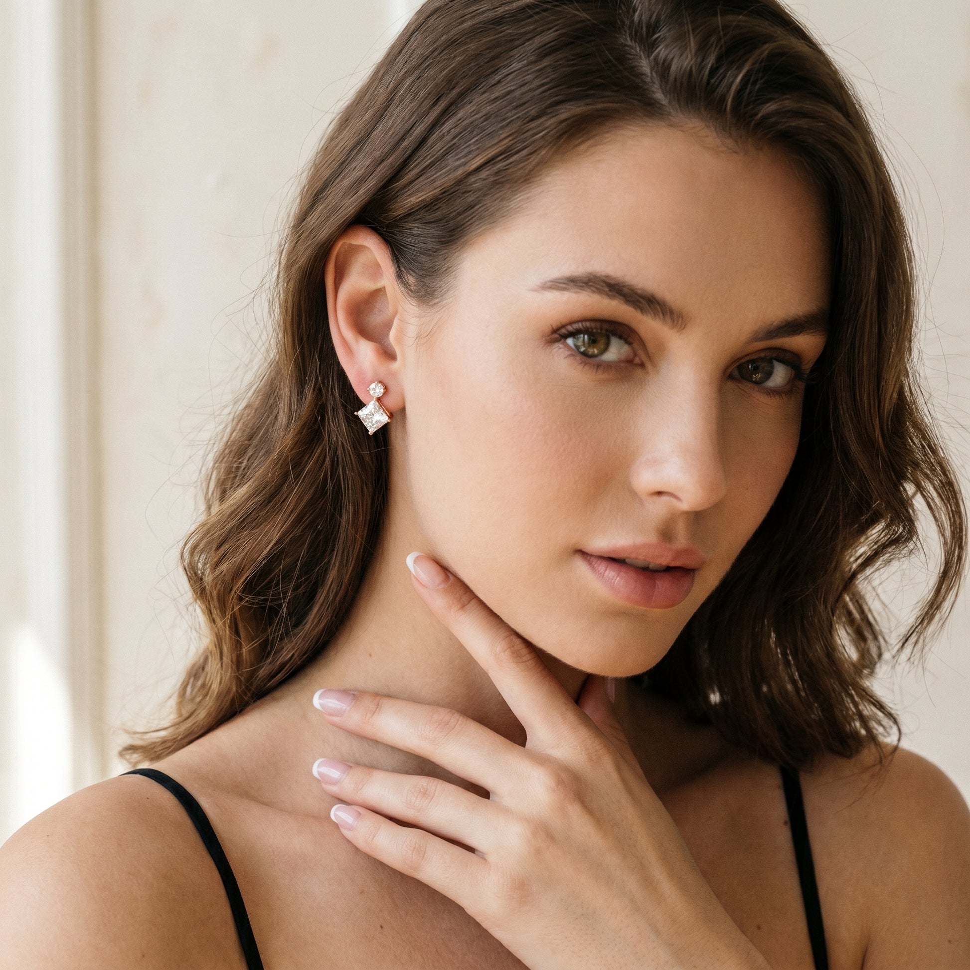 Princess Round Cut Lab Grown Diamond Stud Earrings in Rose Gold