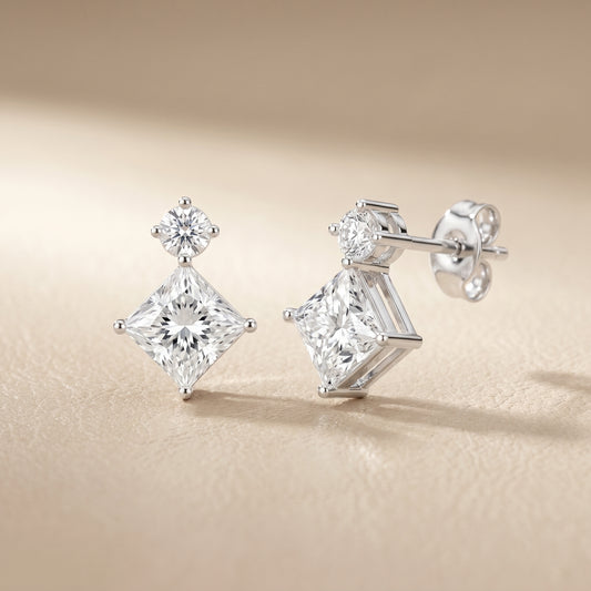 Princess Round Cut Lab Grown Diamond Stud Earrings in White Gold