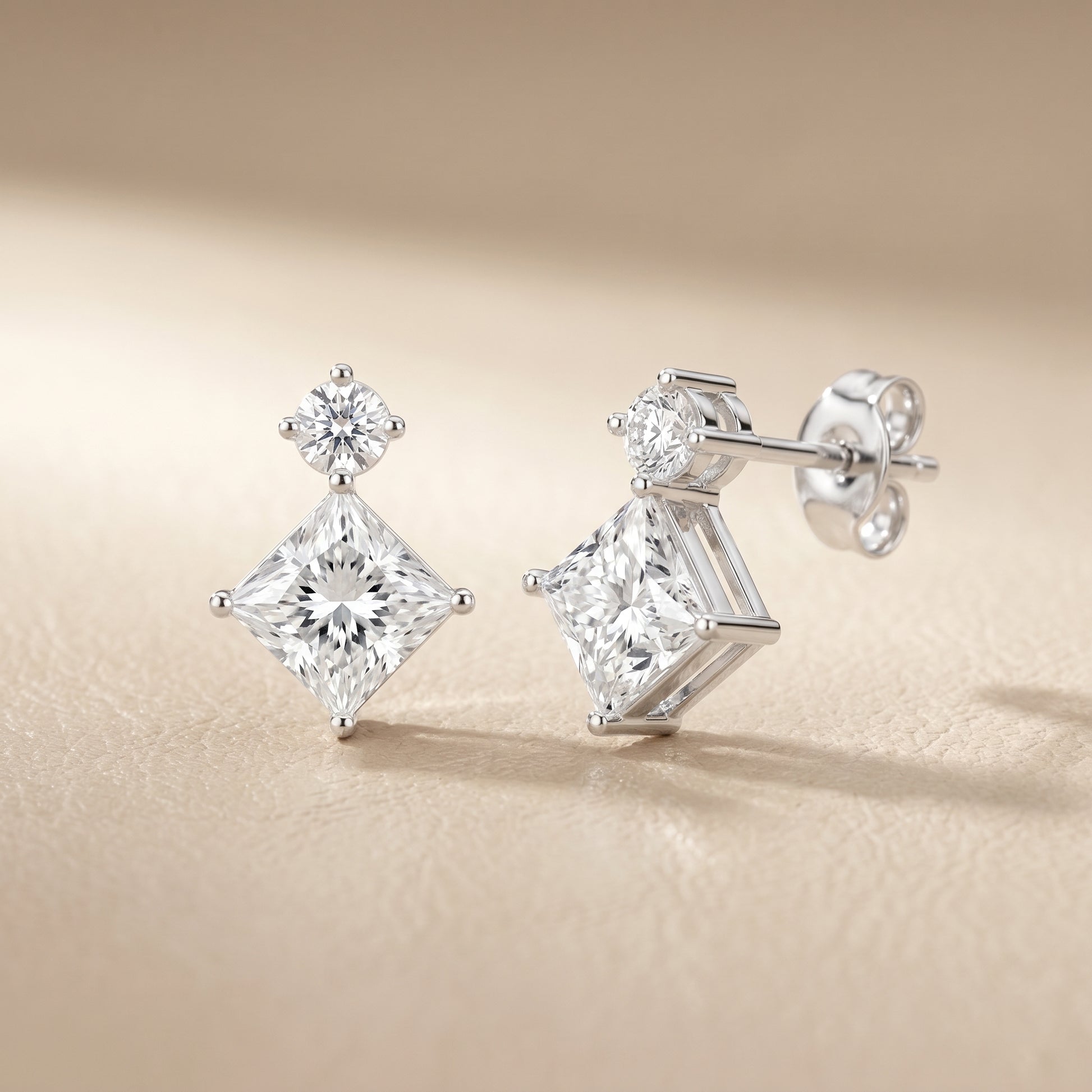 Princess Round Cut Lab Grown Diamond Stud Earrings in Silver
