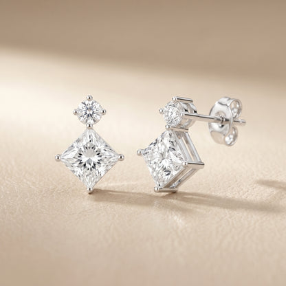 Princess Round Cut Lab Grown Diamond Stud Earrings in Silver