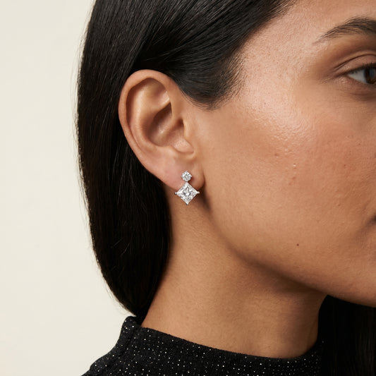 Princess Round Cut Lab Grown Diamond Stud Earrings in White Gold