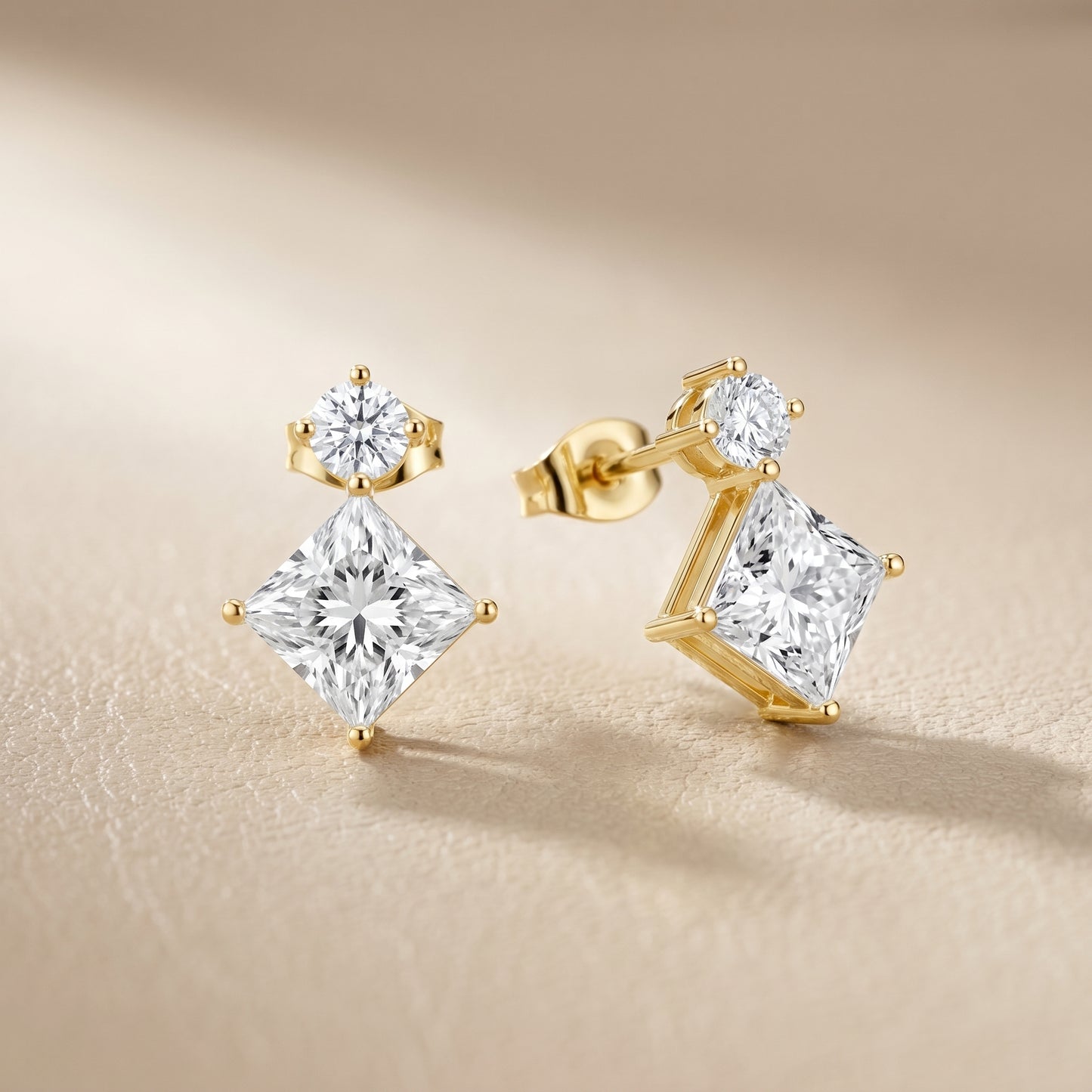 Princess Round Cut Lab Grown Diamond Stud Earrings in Yellow Gold
