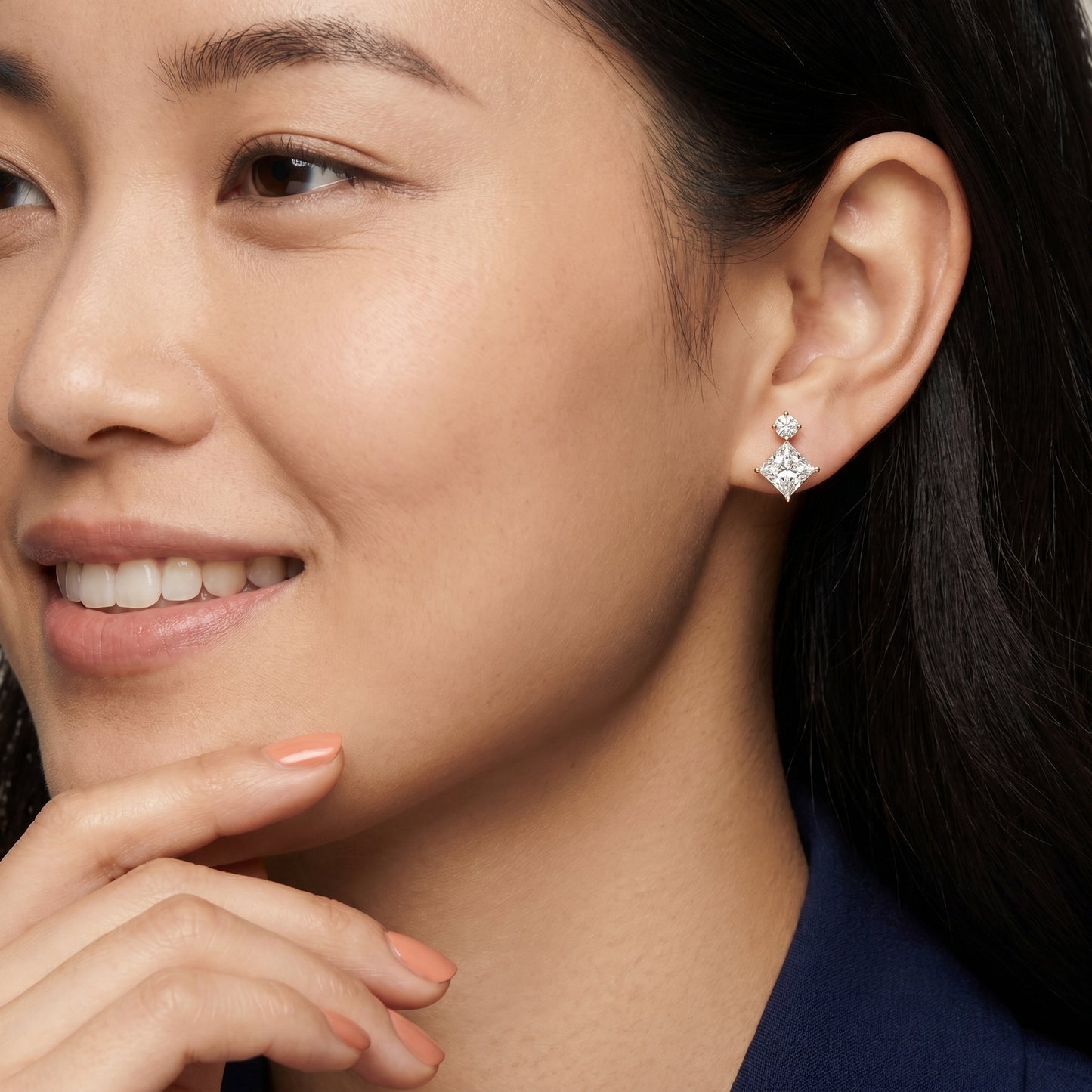 Princess Round Cut Lab Grown Diamond Stud Earrings in Yellow Gold