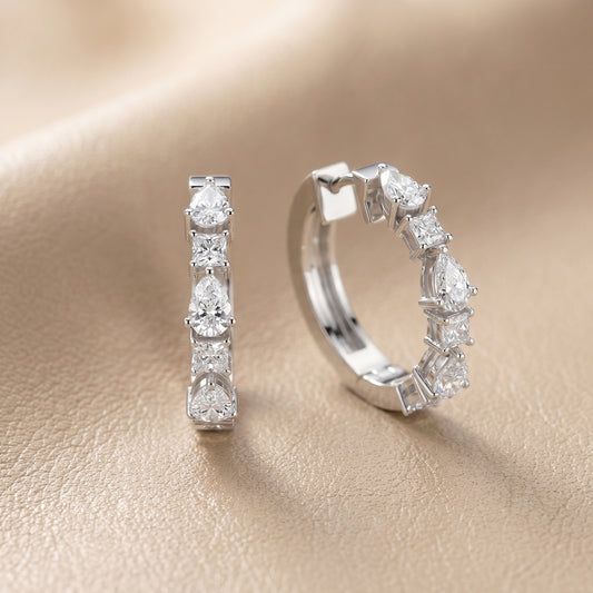 Pear Princess Cut Lab Grown Diamond Hoop Earrings in White Gold