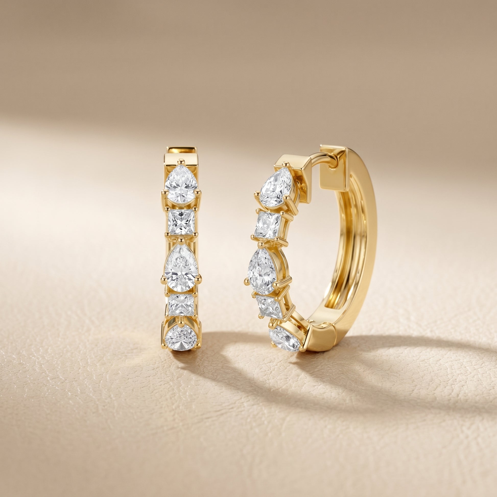 Pear Princess Cut Lab Grown Diamond Hoop Earrings in Yellow Gold