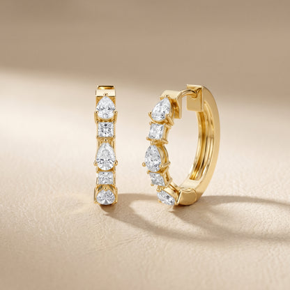 Pear Princess Cut Lab Grown Diamond Hoop Earrings in Yellow Gold