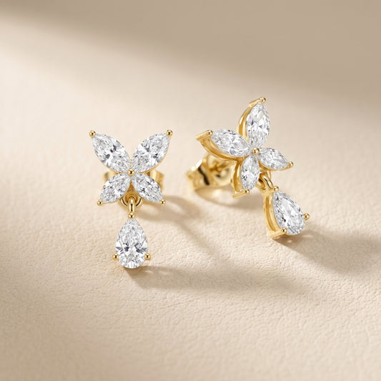 Marquise Pear Cut Lab Grown Diamond Stud Earrings in Yellow Gold