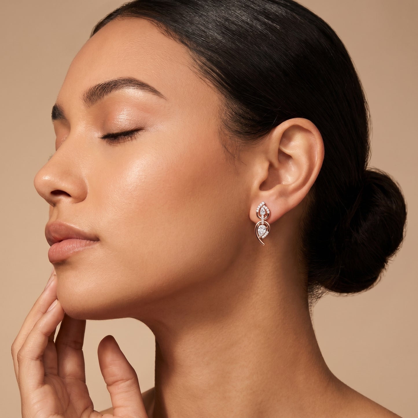Pear Round Cut Lab Grown Diamond Stud Earrings in Rose Gold