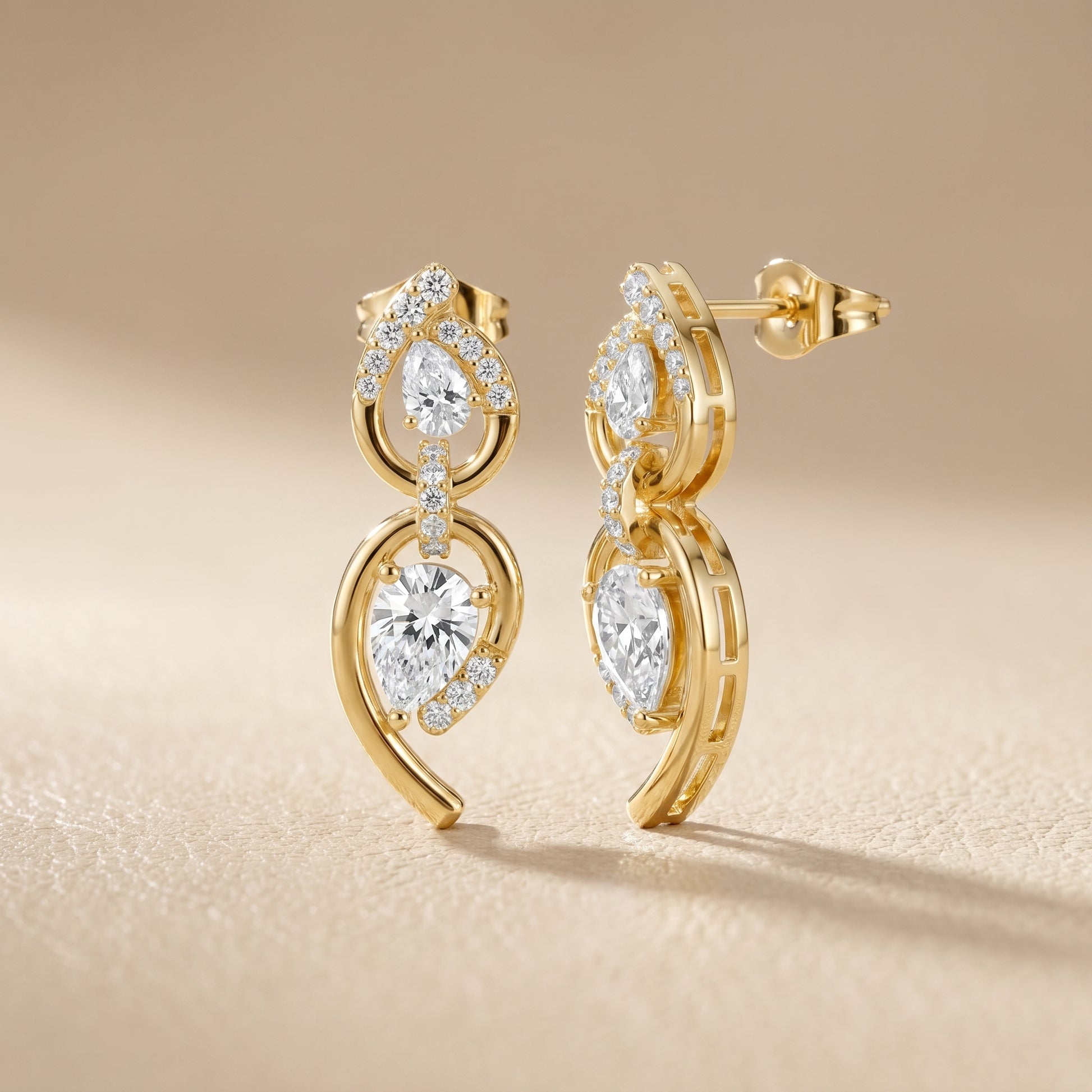 Pear Round Cut Lab Grown Diamond Stud Earrings in Yellow Gold