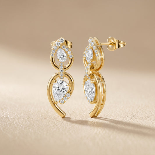 Pear Round Cut Lab Grown Diamond Stud Earrings in Yellow Gold