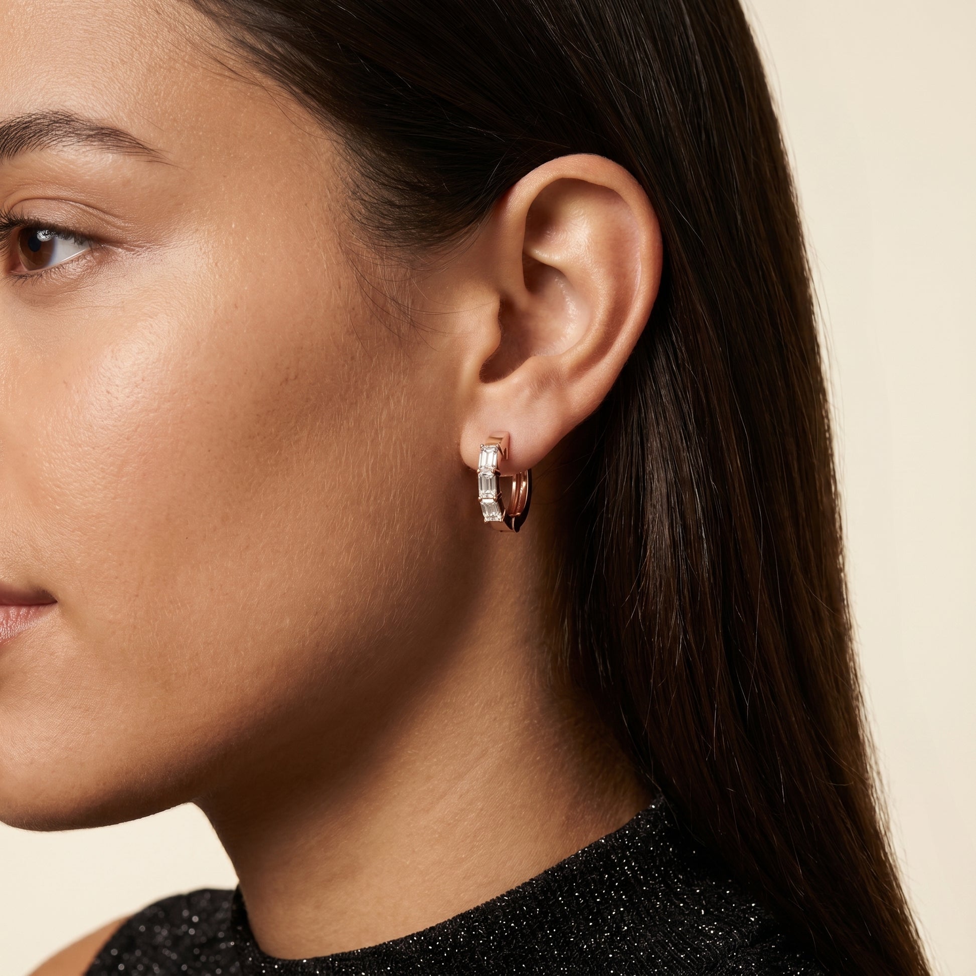 Emerald Cut Lab Grown Diamond Hoop Earrings in Rose Gold