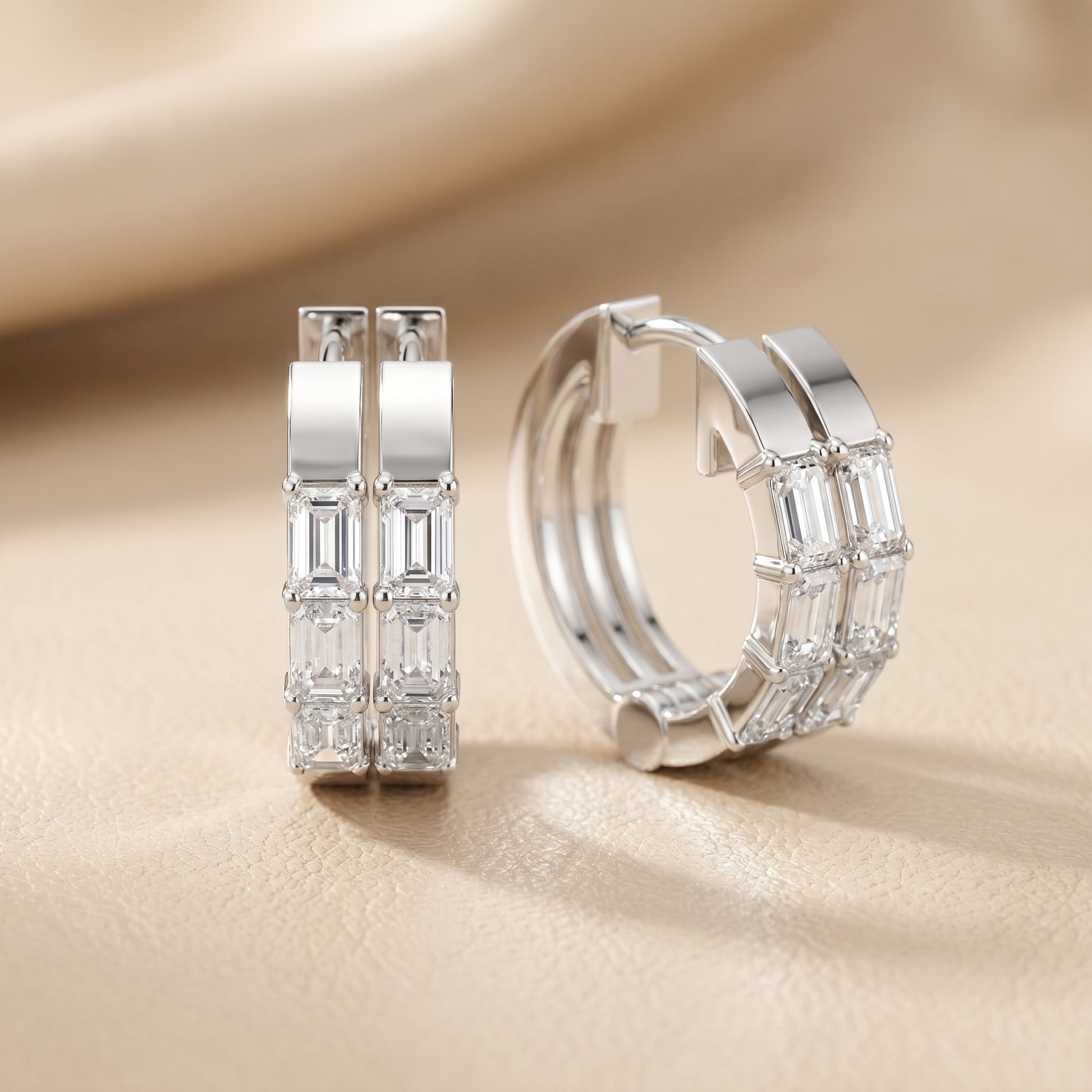 Emerald Cut Lab Grown Diamond Hoop Earrings in White Gold
