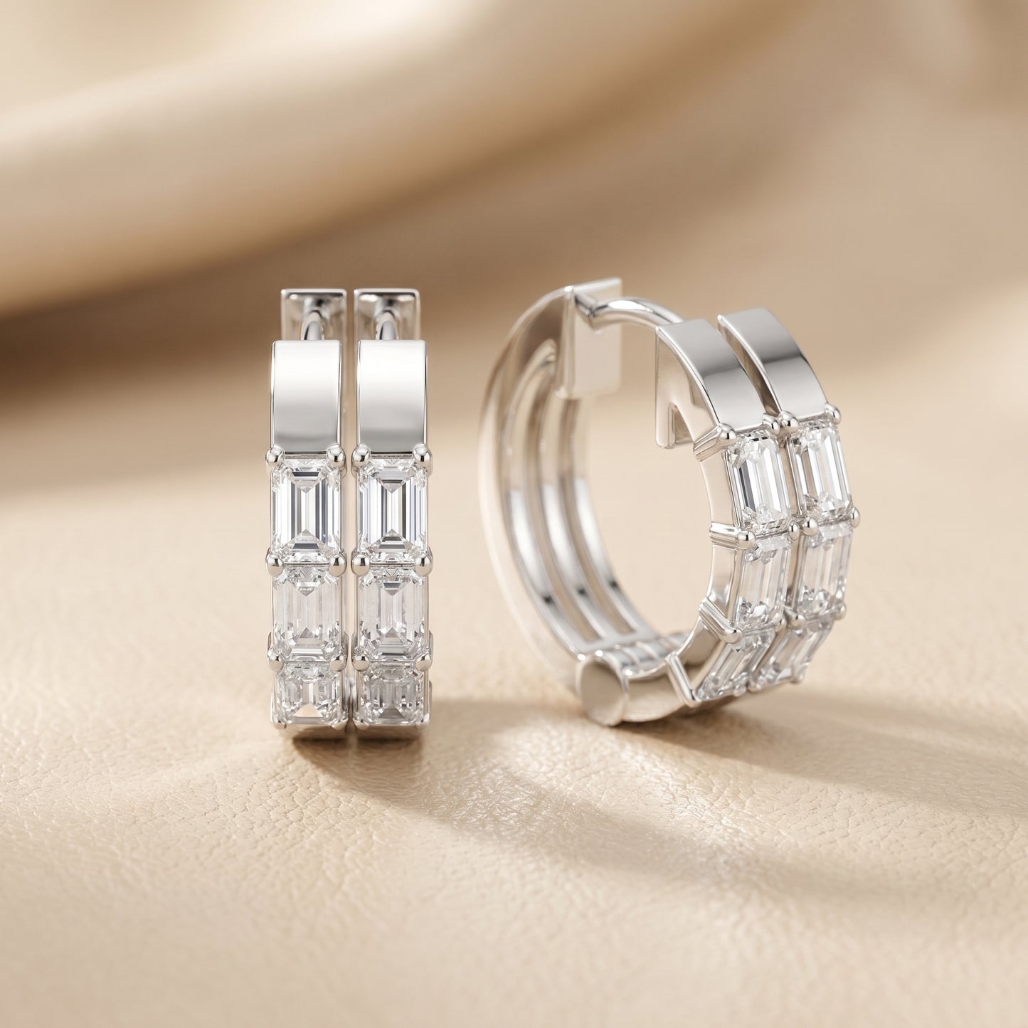 Emerald Cut Lab Grown Diamond Hoop Earrings in Silver
