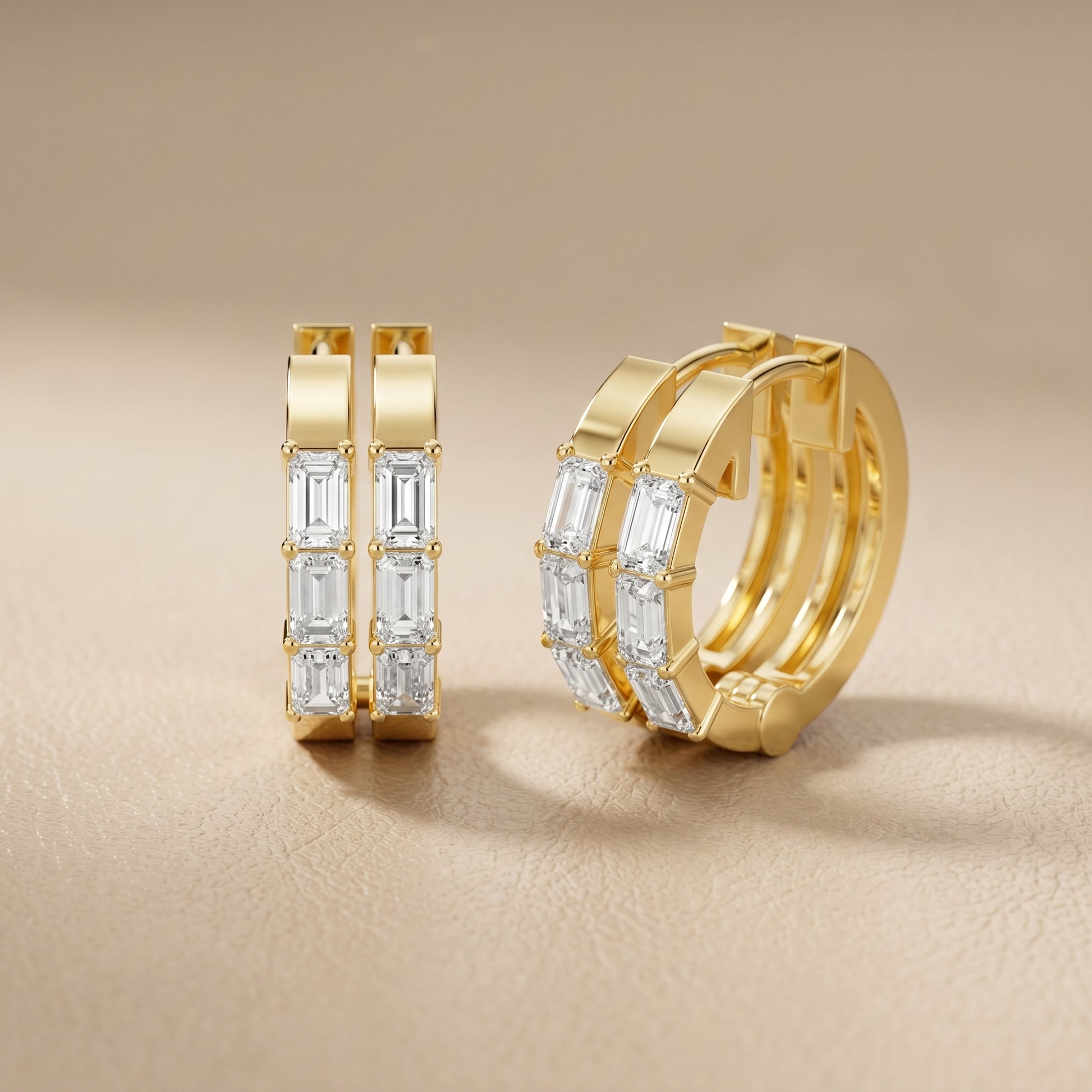 Emerald Cut Lab Grown Diamond Hoop Earrings in Yellow Gold