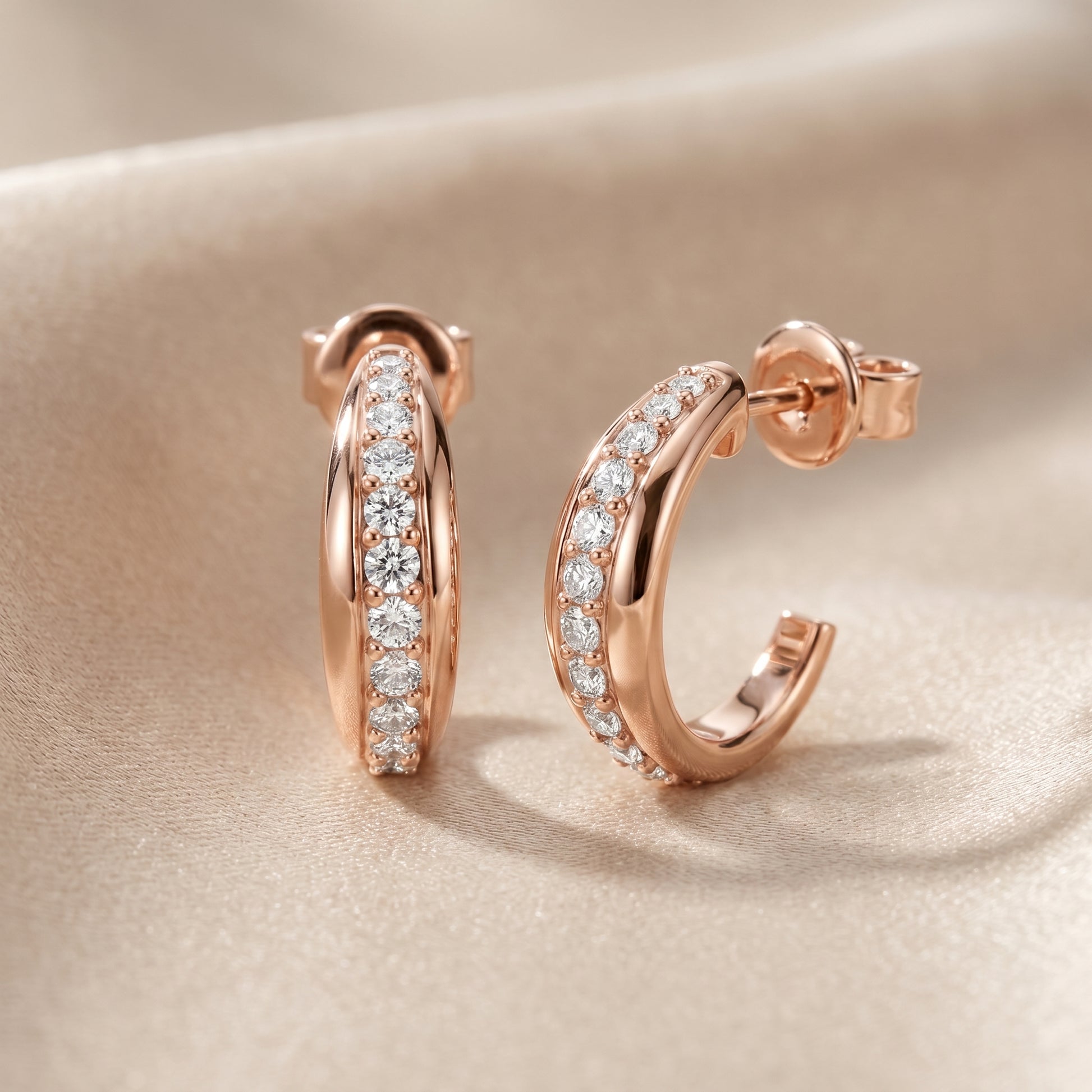 Round Cut Lab Grown Diamond Huggie Hoop Earrings in Rose Gold