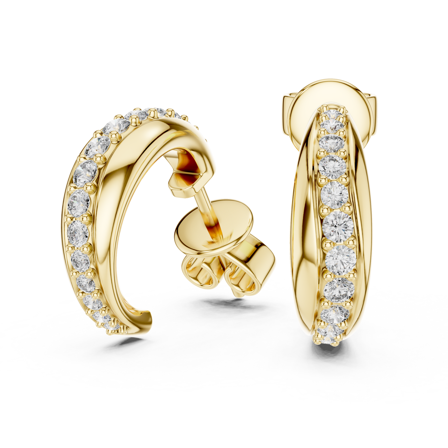 Round Cut Lab Grown Diamond Huggie Hoop Earrings in Yellow Gold