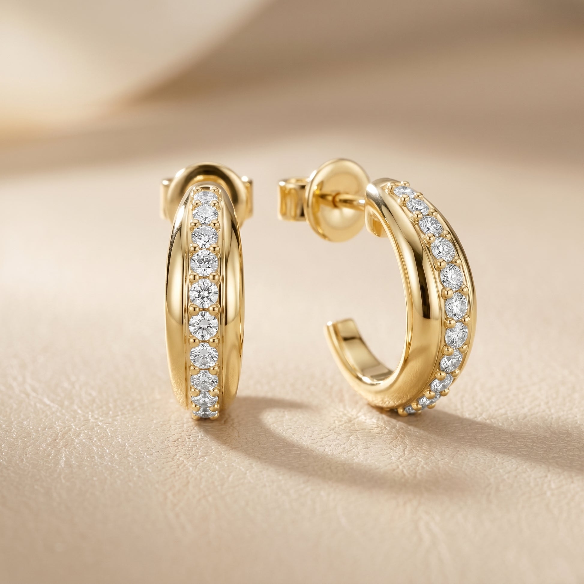 Round Cut Lab Grown Diamond Huggie Hoop Earrings in Yellow Gold