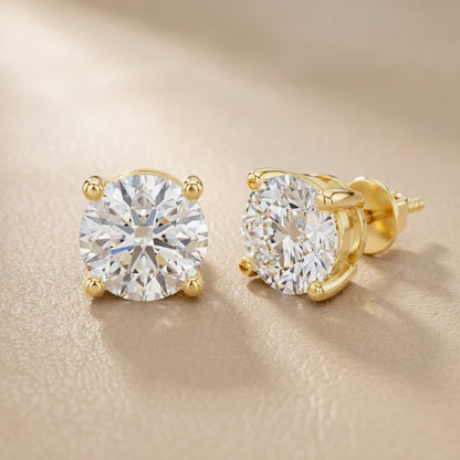 Round Cut Lab Grown Diamond Stud Earrings in Yellow Gold