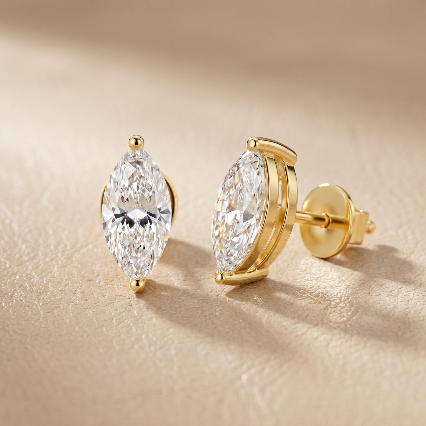 Marquise Cut Lab Grown Diamond Stud Earrings in Yellow Gold