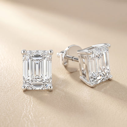Emerald Cut Lab Grown Diamond Stud Earrings in Silver