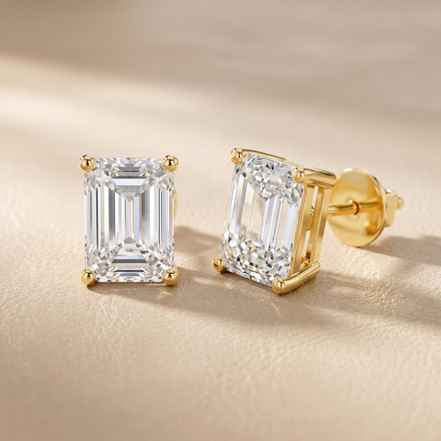Emerald Cut Lab Grown Diamond Stud Earrings in Yellow Gold