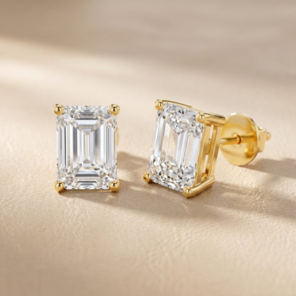 Emerald Cut Lab Grown Diamond Stud Earrings in Yellow Gold