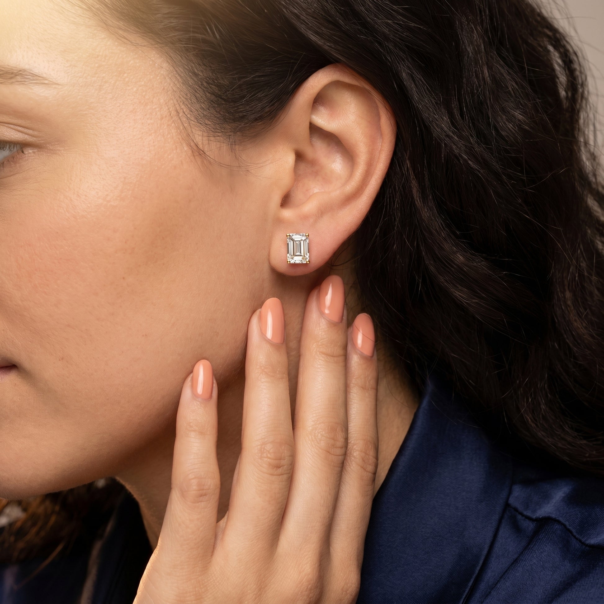 Emerald Cut Lab Grown Diamond Stud Earrings in Yellow Gold