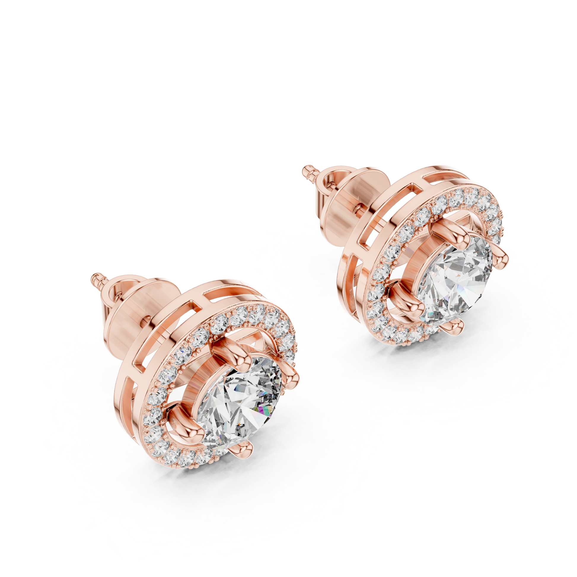 Round Cut Lab Grown Diamond Halo Stud Earrings in Rose Gold