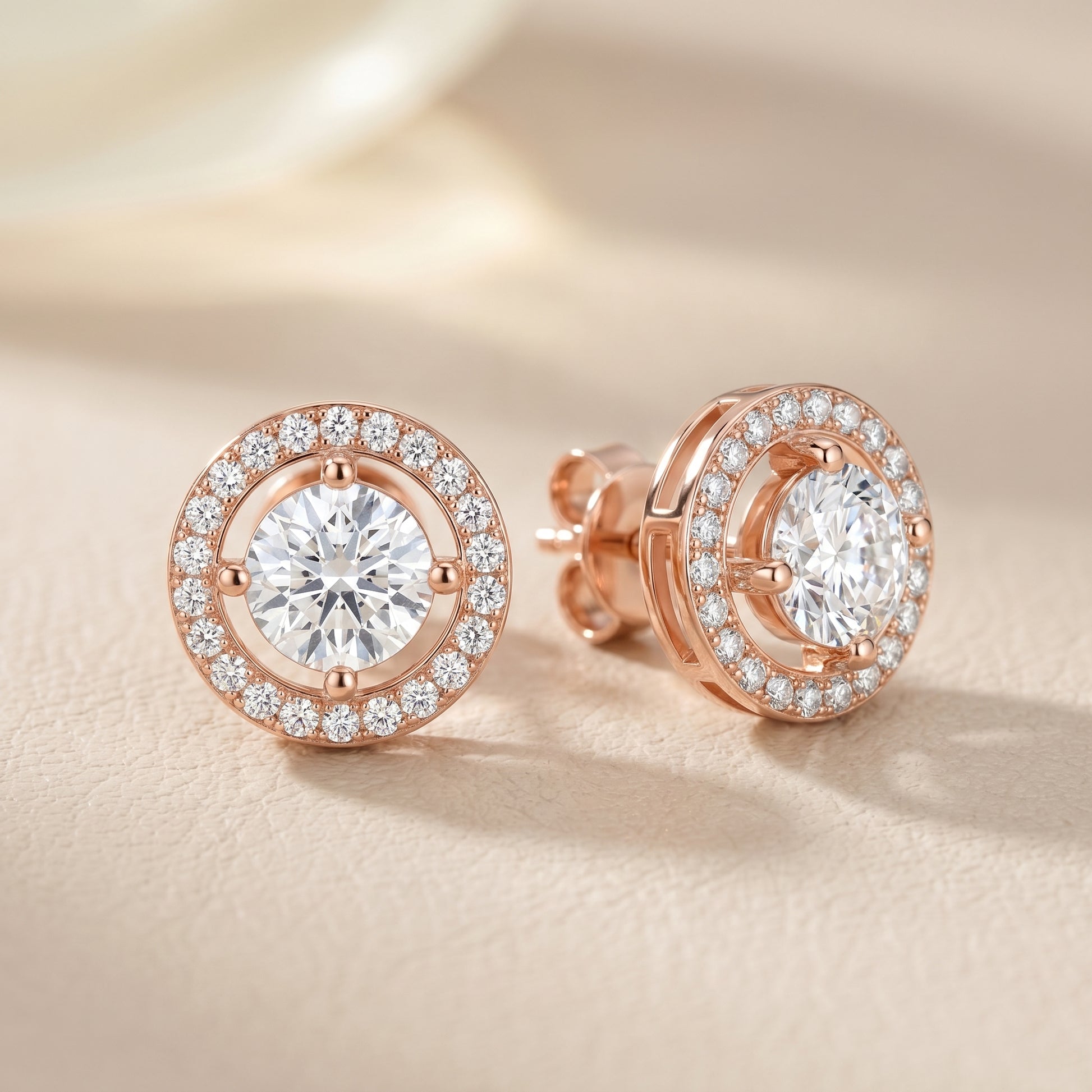 Round Cut Lab Grown Diamond Halo Stud Earrings in Rose Gold
