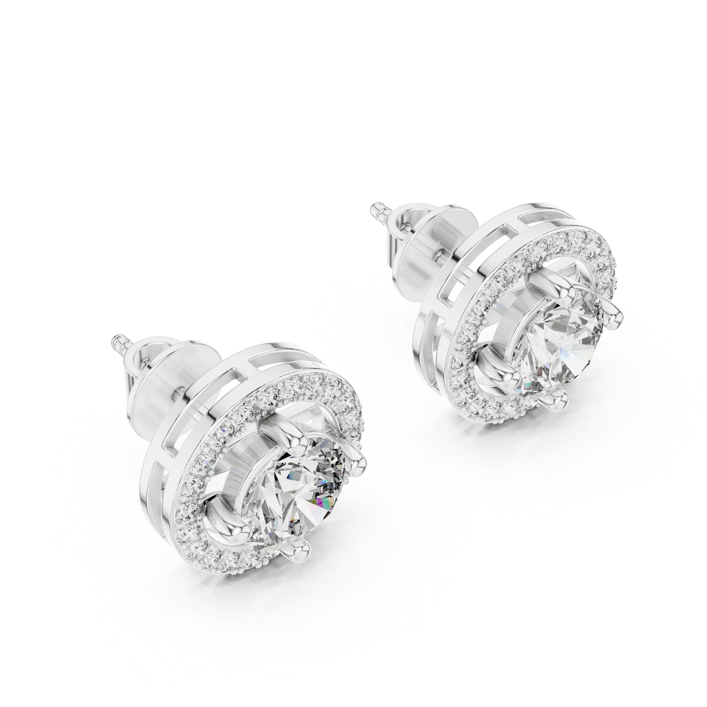 Round Cut Lab Grown Diamond Halo Stud Earrings in Silver