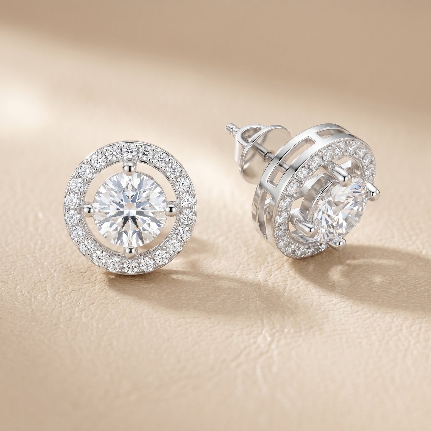 Round Cut Lab Grown Diamond Halo Stud Earrings in White Gold