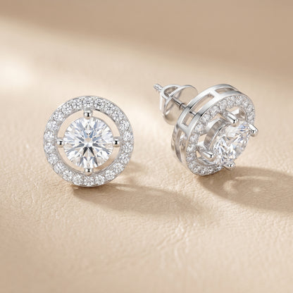 Round Cut Lab Grown Diamond Halo Stud Earrings in Platinum