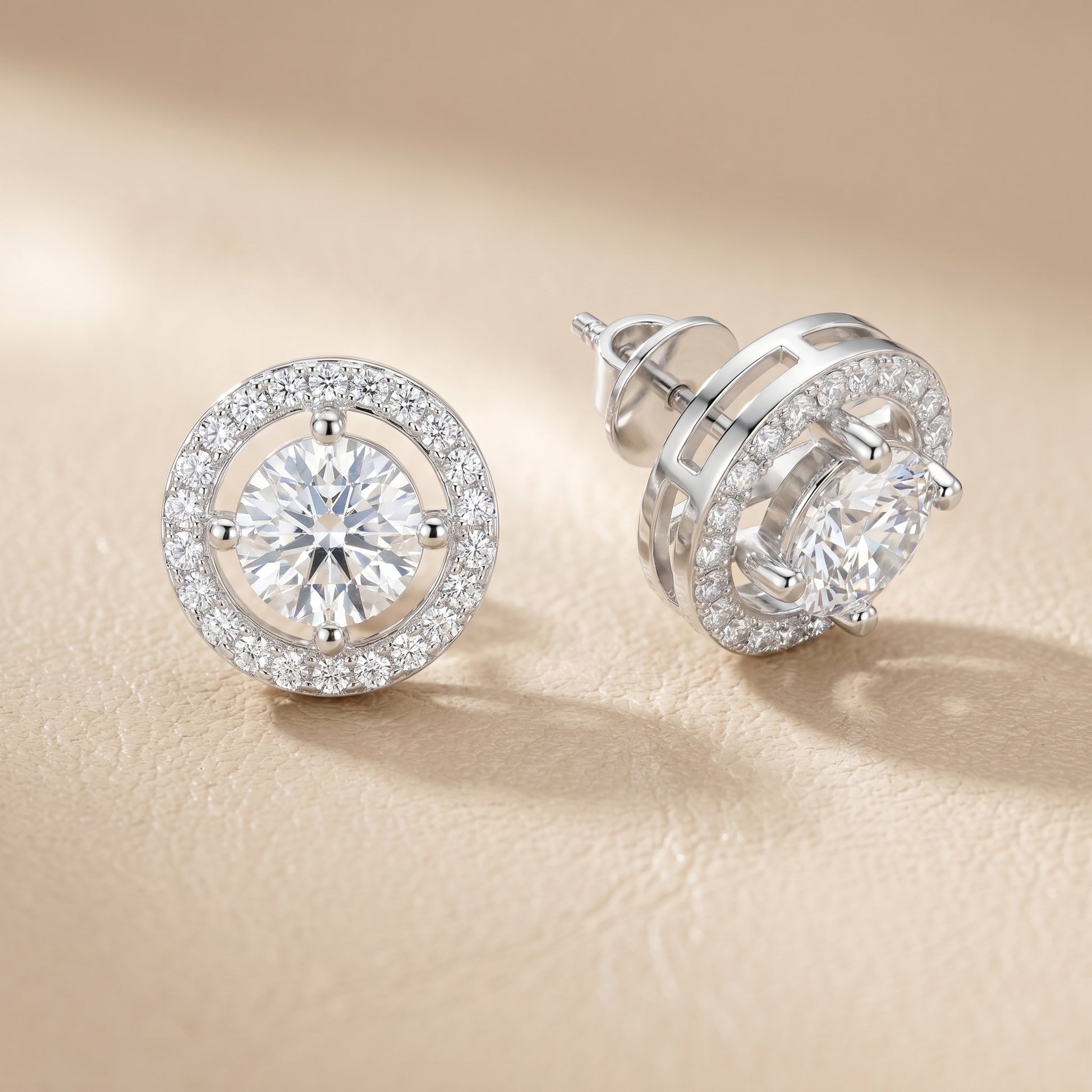 Round Cut Lab Grown Diamond Halo Stud Earrings in Silver